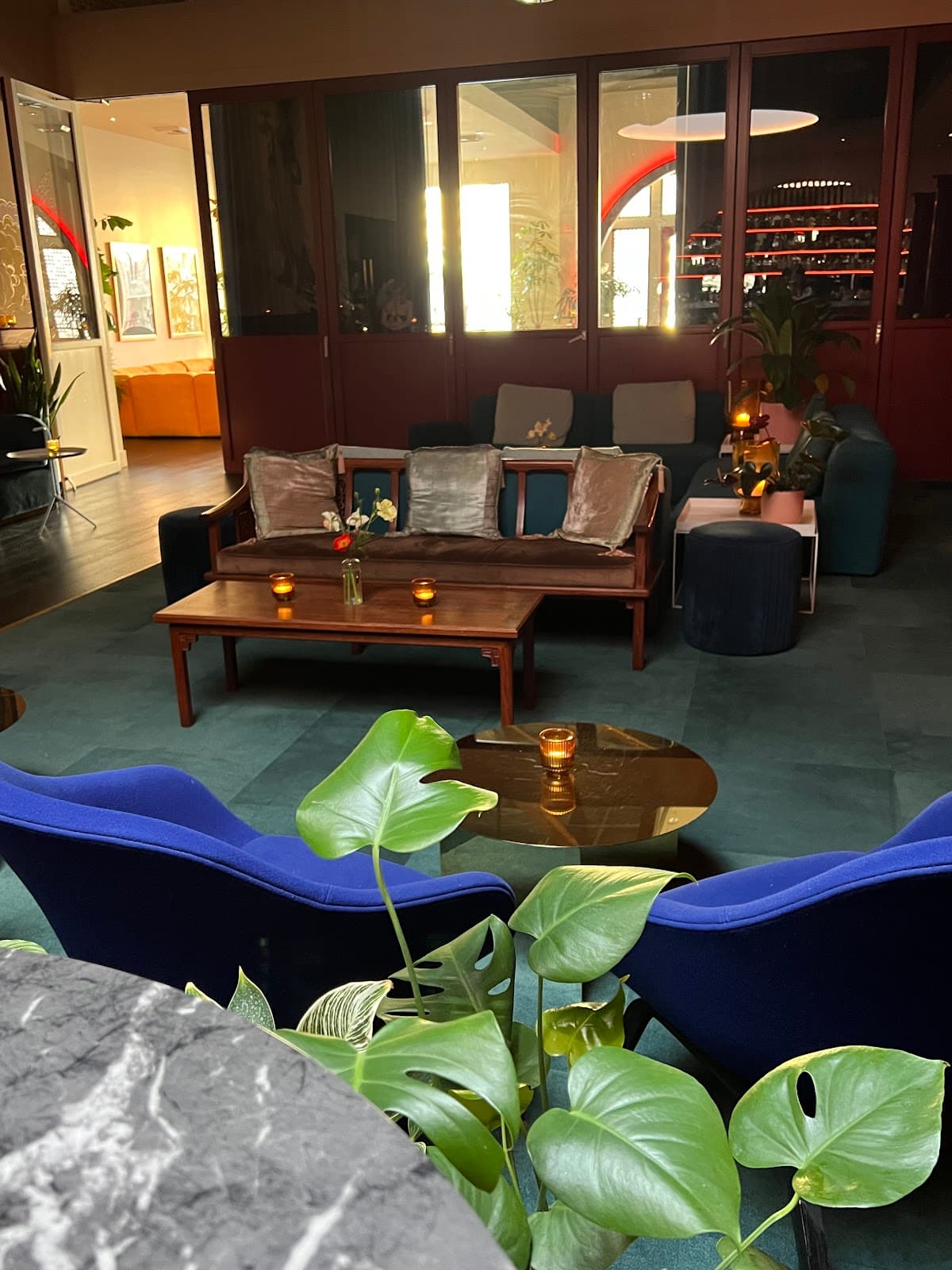 Cozy interior with velvet chairs, plants, and ambient lighting in San Francisco
