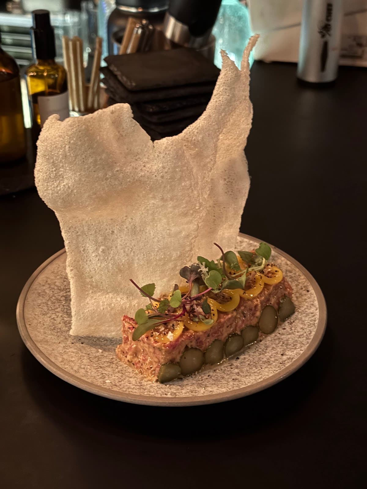 Gourmet dish with decorative crisp on a dark bar counter in Toronto
