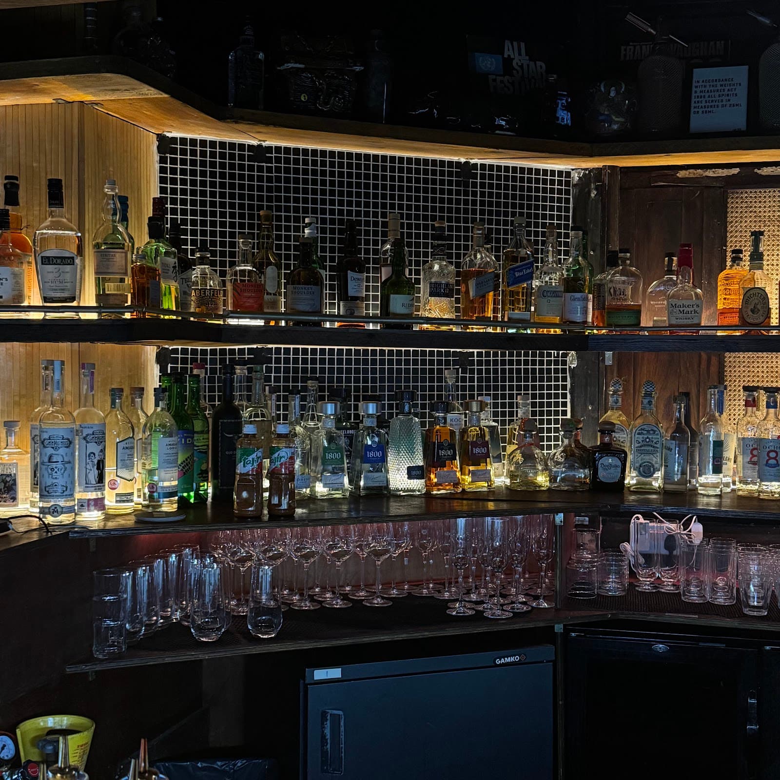 Bar shelves with a variety of liquor bottles and glassware in London