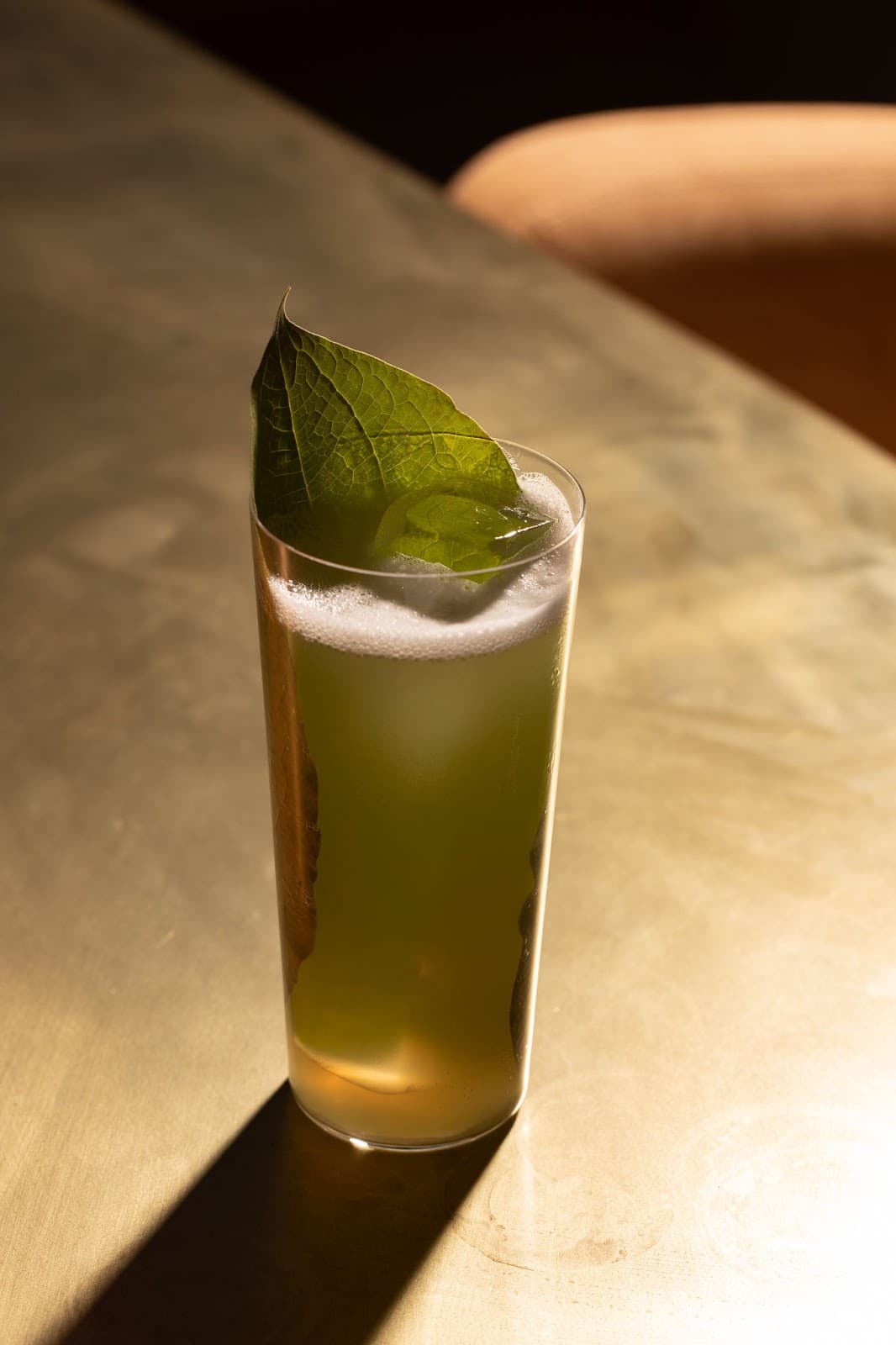 Tall glass of green cocktail with leaf garnish on a sunlit table in New York