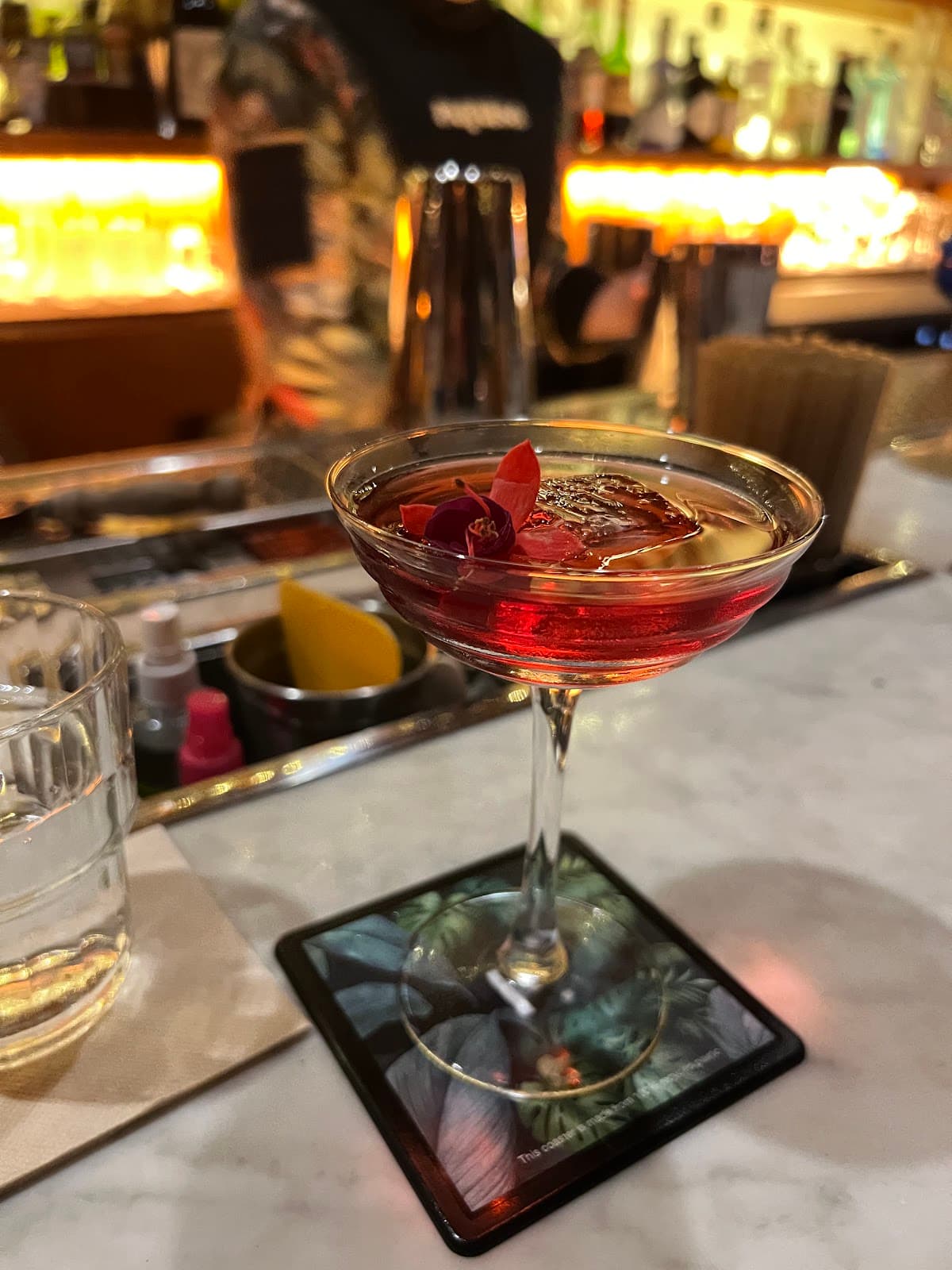 Elegant cocktail with flower garnish on bar counter. in Barcelona