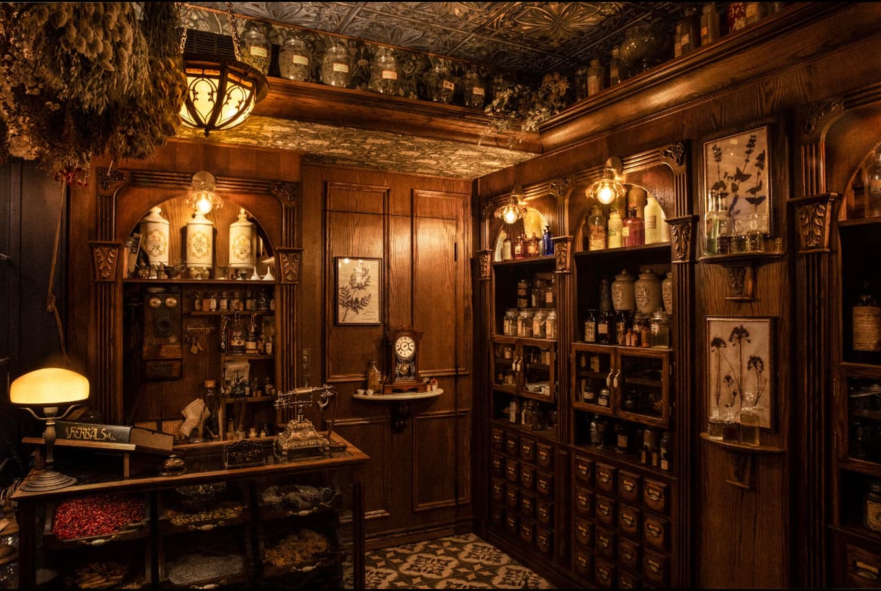 Cozy vintage interior with wooden cabinets and dim lighting