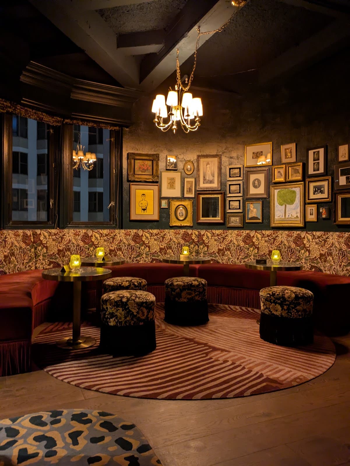 Cozy bar interior with patterned decor and dim lighting in San Francisco
