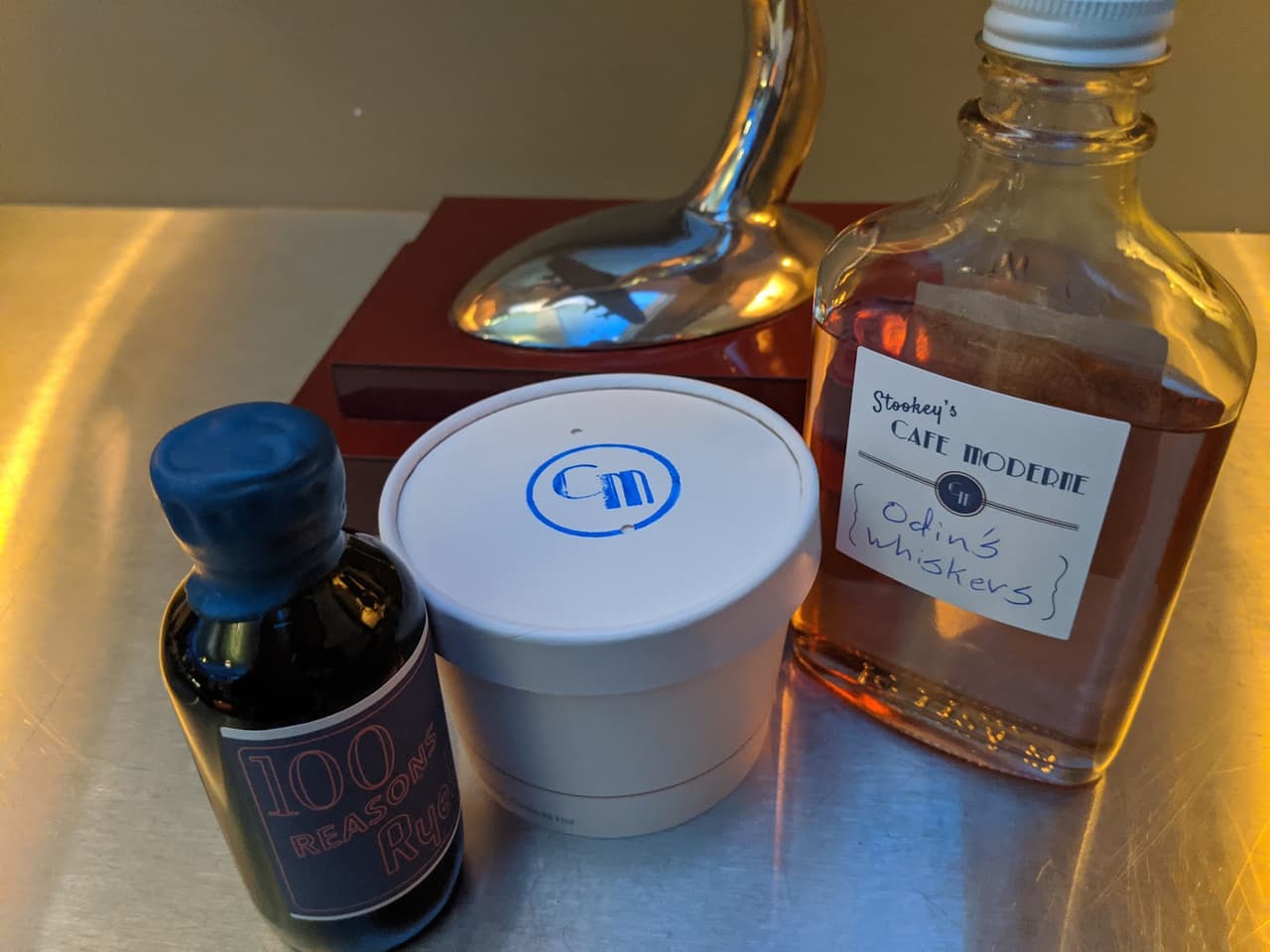 Sample bottles displayed at Stookey's Cafe Moderne in San Francisco