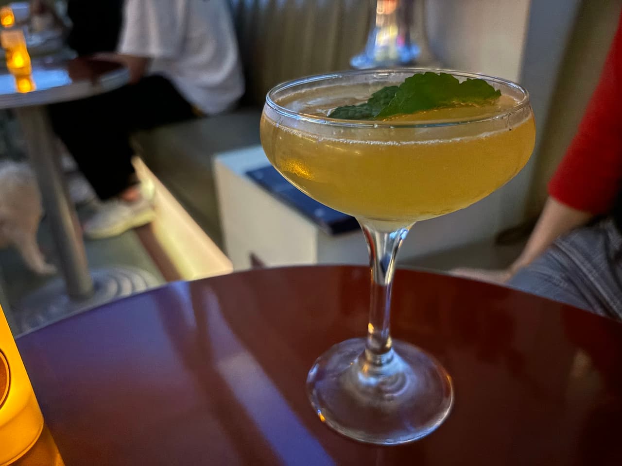 Elegant cocktail with garnish in a dimly lit bar setting in San Francisco