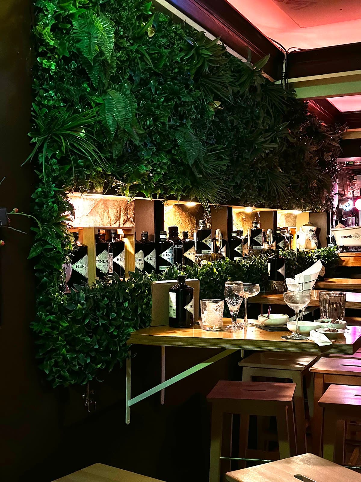 Bar with lush greenery and bottles on display in Lisboa