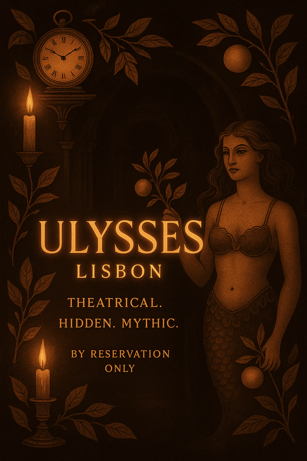 Ulysses Lisbon artistic poster with clock, mermaid, and candle in Lisboa