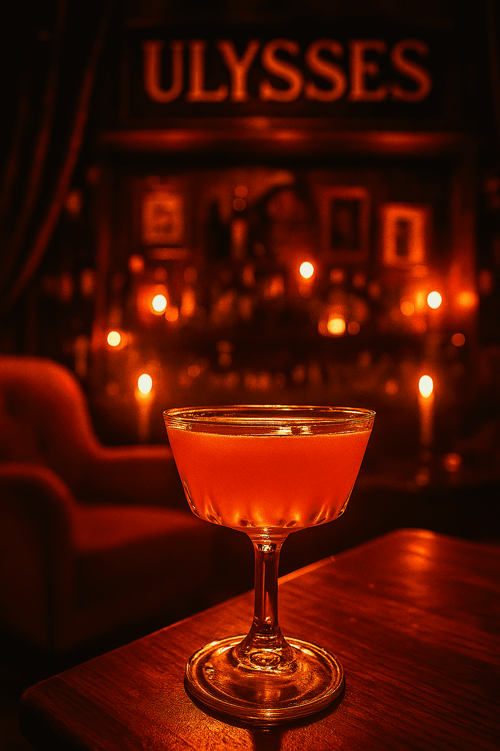 Cocktail glass on wooden table with warm ambient lighting in Ulysses bar in Lisboa